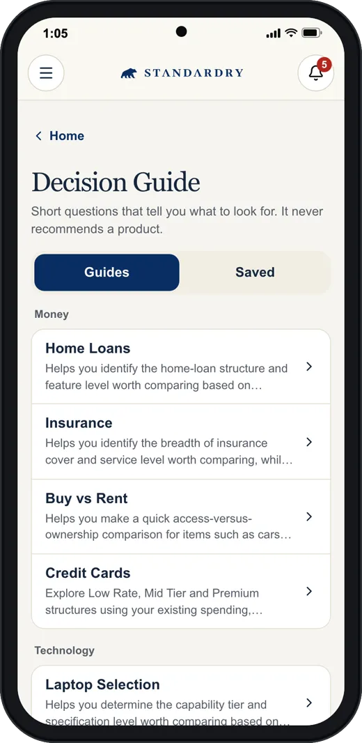 The Standardry Decision Guide screen on a phone: a list of guides under Money, such as Home Loans and Insurance.