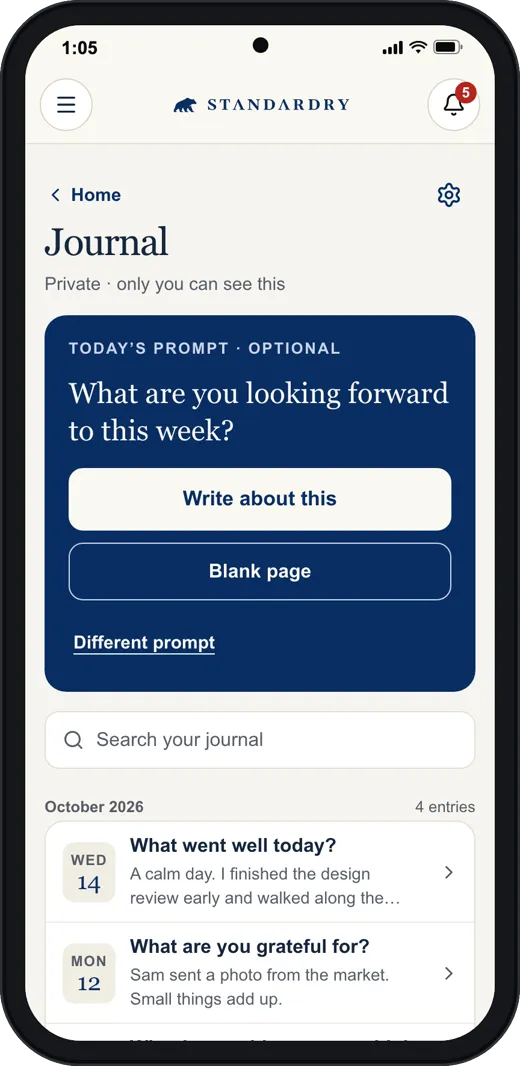 The Standardry Journal screen on a phone: the prompt with Write about this and Blank page buttons, and a list of recent entries.