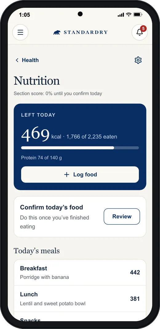 The Standardry Nutrition screen on a phone: 469 kcal left today, a Log food button, and the breakfast and lunch.