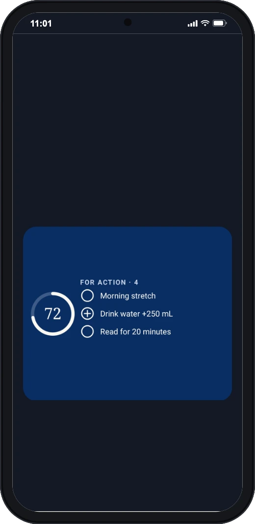 The Standardry widget on an Android home screen: a Life Score ring showing 72 and a For Action list with three items: Morning stretch, Drink water plus 250 millilitres, and Read for 20 minutes.