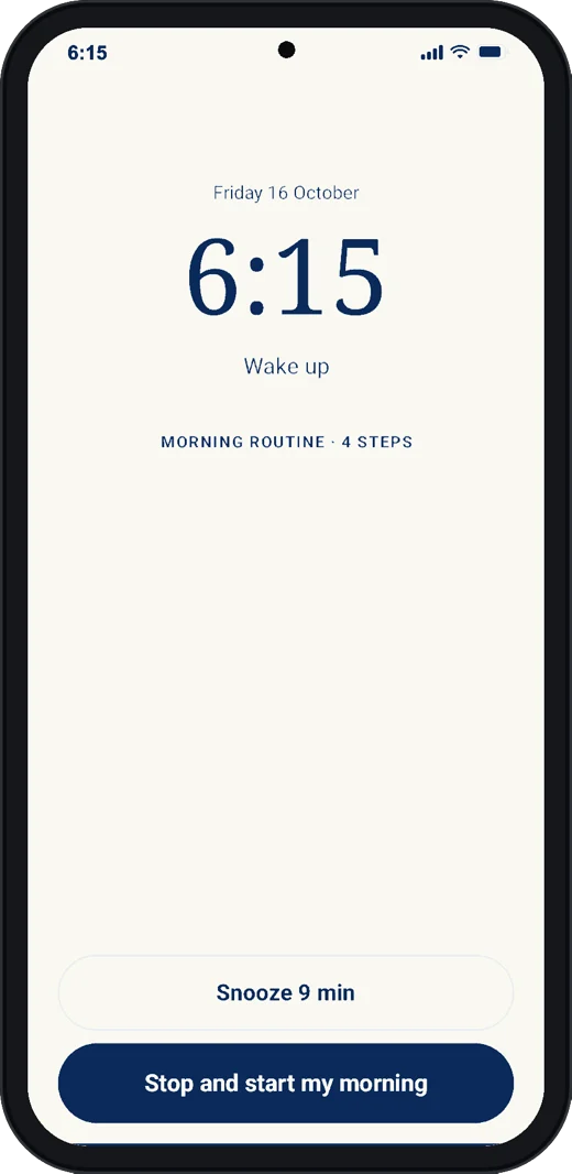 The Standardry alarm ringing on a phone at 6:15 am, with a Stop button.