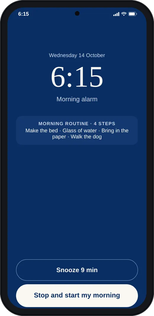 The Standardry alarm ringing on a phone at 6:15 am, with a Stop button.