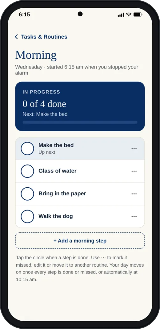 The Standardry morning routine on a phone, none of four steps ticked yet.