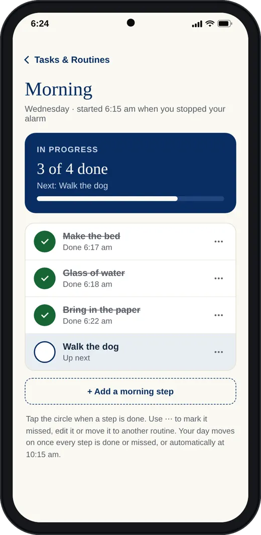 The Standardry morning routine on a phone, three of four steps ticked.