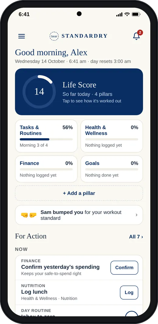 The Standardry Home screen on a phone showing a Life Score of 14.