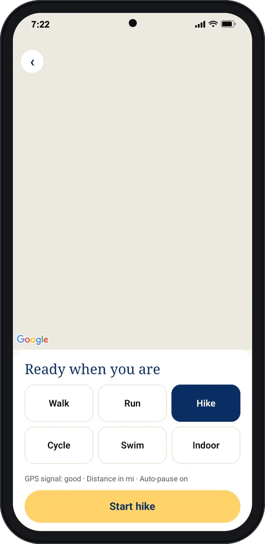 Trail Club on a phone, ready to start, with Hike selected and a Start hike button.