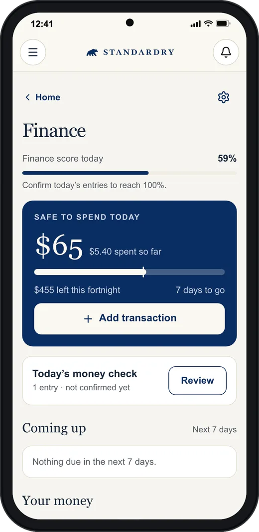 Finance on a phone showing $65 safe to spend today, with $5.40 spent so far.