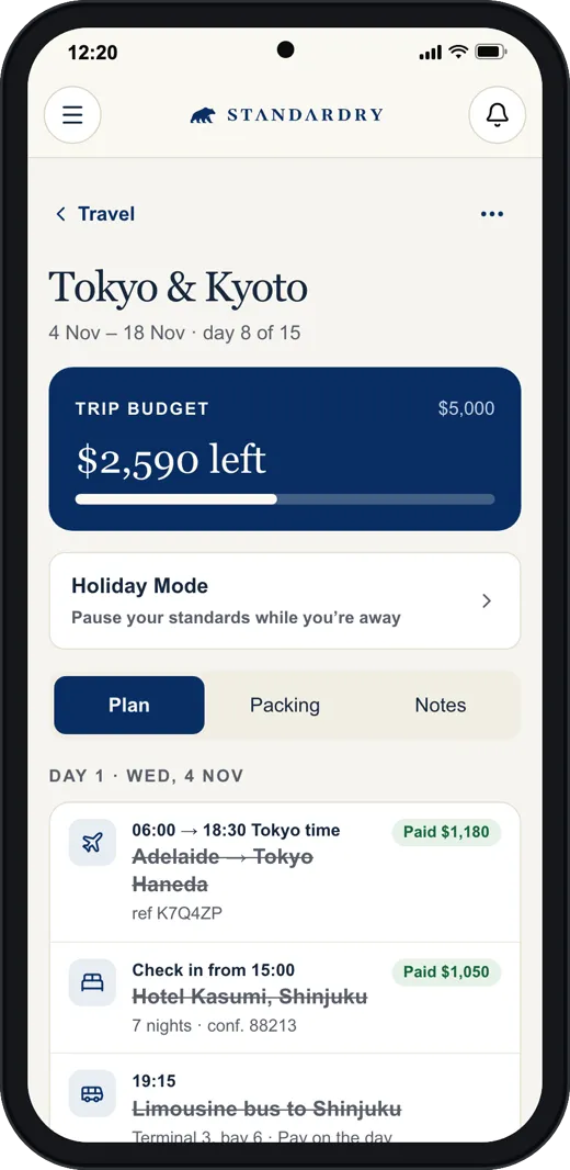 A Tokyo and Kyoto trip plan on a phone, day one, with flights and a hotel.