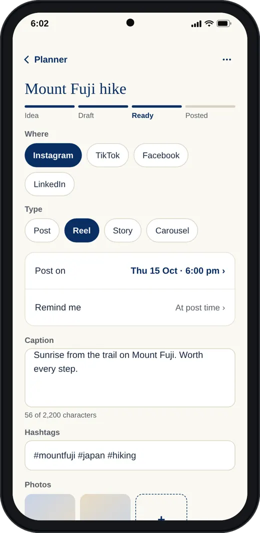 A planned post on a phone with a reminder set for posting time.