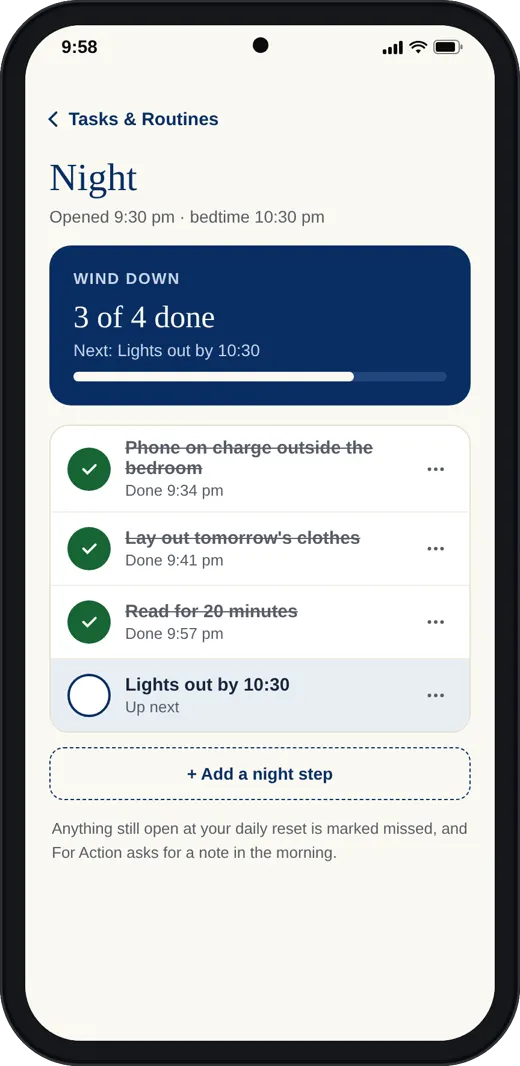 The Standardry night routine on a phone with one step left.