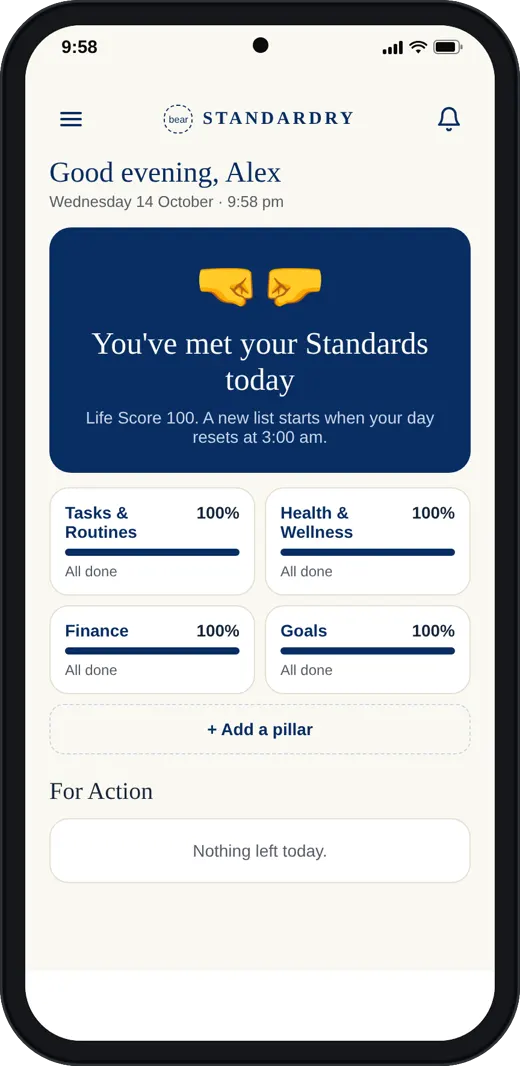 The Standardry Home screen on a phone showing a Life Score of 100.